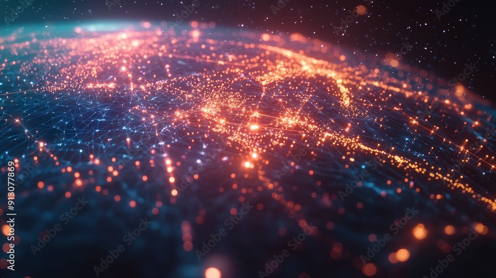 Poster a dynamic display of glowing connections across earth’s surface, highlighting global communication a