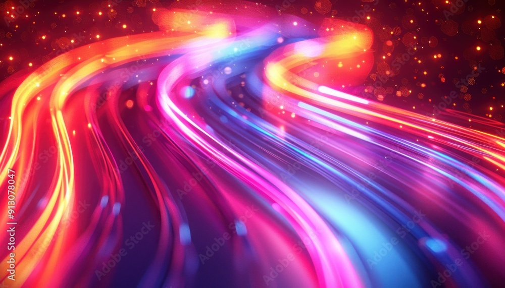 Poster colorful lights move gracefully in a circular pattern against a dark background