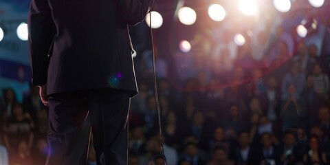 A man stands on stage in front of a crowd, holding a microphone. The audience is watching him intently, and the atmosphere is tense and focused