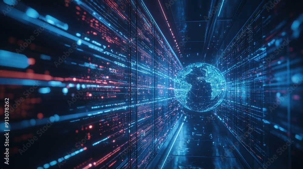 Poster a digital corridor featuring illuminated data streams converging around a 3d globe, creating a dynam