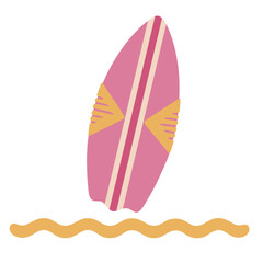 A pink surfboard with yellow accents floating on waves