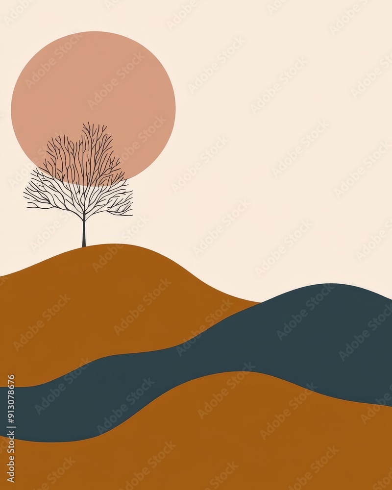 Poster A simple abstract design of a tree in a landscape with a peach-colored sun.