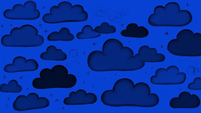 Dynamic looping background, stop-motion animation, children's black chalk drawing of black storm clouds on blue background