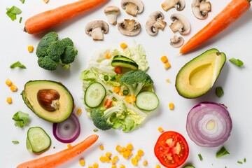 A colorful salad with a variety of vegetables including broccoli, carrots, and tomatoes. The salad is arranged on a white background, and the vegetables are spread out in a visually appealing manner