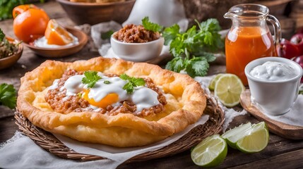 Langos topped with a fried egg, melted cheese and sour cream offers a deliciously satisfying blend of flavors. Fresh, indulgent and perfect for a hearty meal.