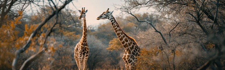 Obraz premium A pair of giraffes nibble leaves from tall trees, their long necks stretching towards the foliage
