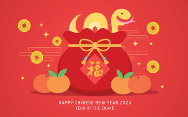 Funny cartoon chinese zodiac snake in a lucky money bag with coins and tangerines. Chinese text translation: "Good luck" or "Fortune".