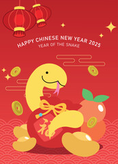 Cute chinese new year snake with luck money bag. Happy chinese new year 2025 of the snake greeting card vector illustration with coins and chinese lanterns.  Chinese text translation: 