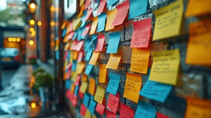 Messages of Hope and Gratitude Written on Colorful Sticky Notes, Creating a Wall of Inspiration