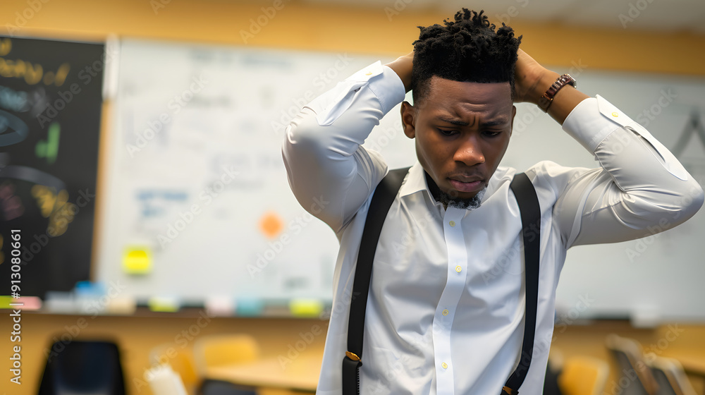 Poster a young black man in professional attire is standing by a whiteboard in a classroom. he holds his he