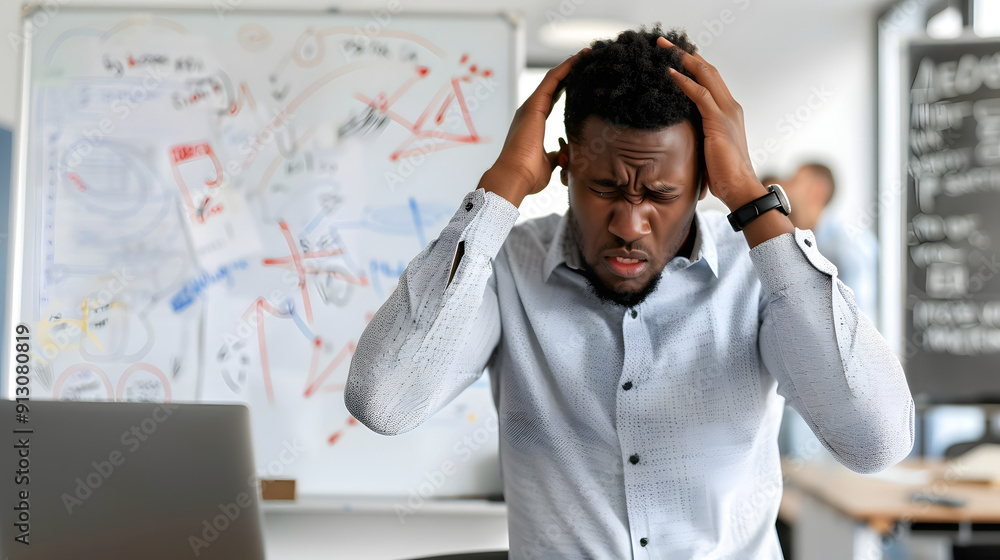 Poster a young black man in professional attire is standing by a whiteboard in a classroom. he holds his he