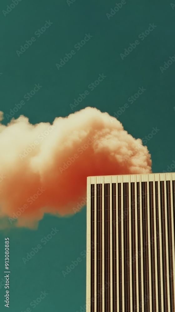 Poster striking artwork blends architecture with colorful clouds in a surreal atmosphere