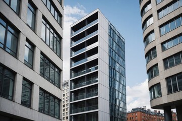 Obraz premium architectural contrast between a side facade of an apartment building and a modern office tower in the background