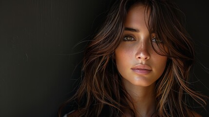 Portrait of a Young Woman with Freckles and Hazel Eyes, Her Long Brown Hair Framing Softly Lit Face, with copy space