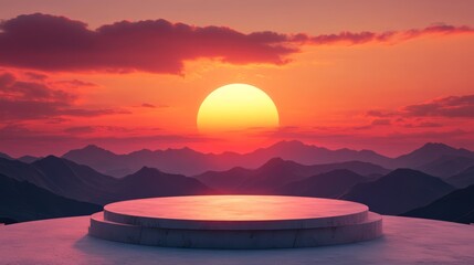 Obraz premium Empty round stone podium against the backdrop of a mountain landscape and sunset, podium mockup