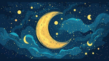 Fototapeta premium Moon flat design top view night sky theme cartoon drawing Complementary Color Scheme