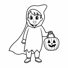 Kid Wearing Halloween Ghost Costume Holding Pumpkin Basket Vector Illustration