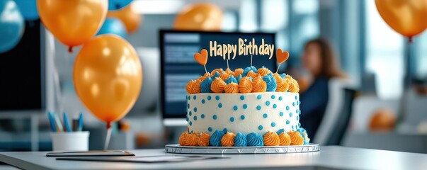 Happy office birthday party with coworkers celebrating, cheerful atmosphere, cake, balloons, and 'Happy Birthday' message on screen