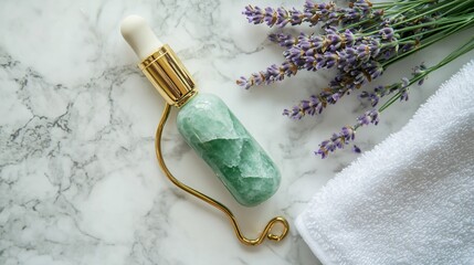 A flat lay of a natural skincare routine with essential oils, a jade roller, fresh lavender, and a...