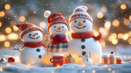Cartoon family celebrating a winter festival with snowmen hot cocoa and festive lights