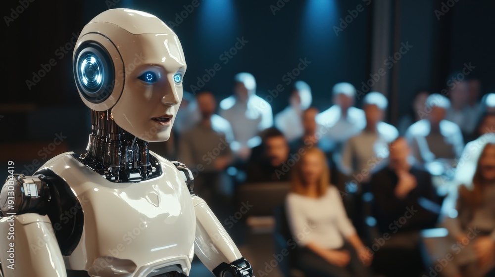 Aufkleber a humanoid robot addresses an audience at a technology conference, showcasing advancements in roboti