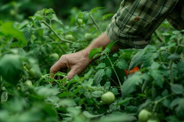 Obraz premium Careful Hand Harvesting of Green Tomatoes in a Lush Garden on a Summer Afternoon