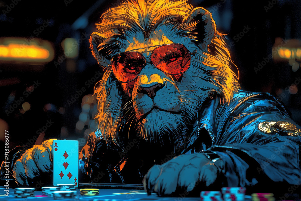 Wall mural animal lion plays poker blackjack in a casino, fantasy