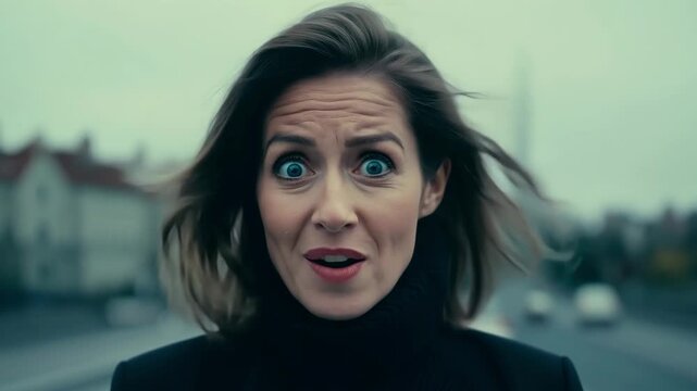 A woman startled expression conveys intense emotion as she races down a quiet street, the fog enveloping the surroundings and heightening the atmosphere of suspense.