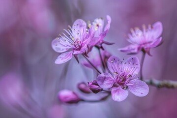 Obraz premium Delicate pink blossoms on a blurred purple background.