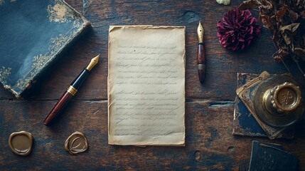 A flat lay of a writing setup with a fountain pen, vintage paper, sealing wax, and a dried flower on an antique wooden desk, evoking a nostalgic writing scene, copy space 