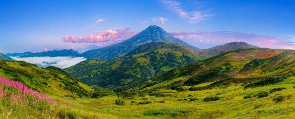 Beautiful summer panorama landscape Vilyuchinsky volcano Kamchatka with pink flowers and fog © Parilov