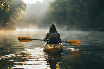 Early Morning Paddle: Female Kayaker Enjoys Calm River