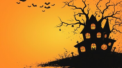Elegant Halloween House with Jack-O-Lanterns, Bats, and Spooky Tree on Orange Background, Minimal Style Banner