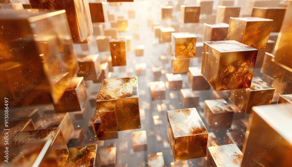 Poster a collection of shiny gold cubes is gracefully floating in the air, creating a stunning visual