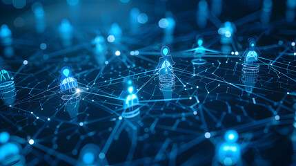 Obraz premium Abstract digital network with people icons connecting to each other on dark blue background. Social media and technology concept 