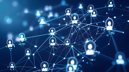 Abstract digital network with people icons connecting to each other on dark blue background. Social media and technology concept 