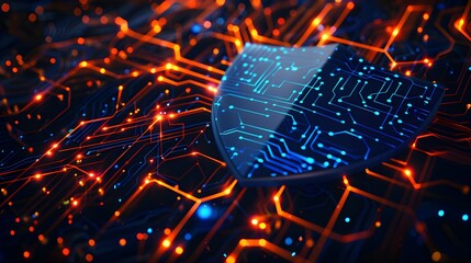 realistyczny 3D, tarcza, cyfrowe obwody, cyberbezpieczeństwo, ochrona danych, prywatność, hakerstwo, technologia, internet, bezpieczeństwo, sieć, firewall, szyfrowanie, komputer, bezpieczeństwo online