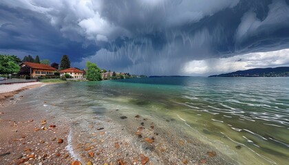 A powerful storm is approaching over a picturesque lake with a sandy beach in the foreground