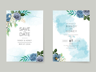 elegant blue flowers wedding invitation card