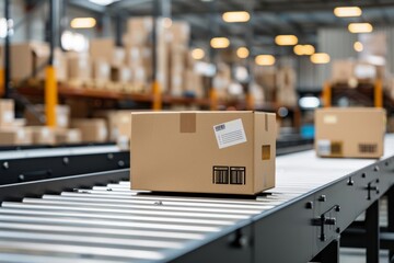 Close-up of boxes on conveyor in warehouse, efficient e-commerce fulfillment, automation and logistics, Realism, High contrast