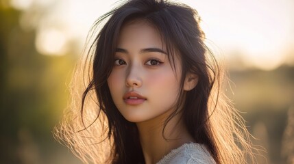 Fototapeta premium A woman with long dark hair and a pale complexion