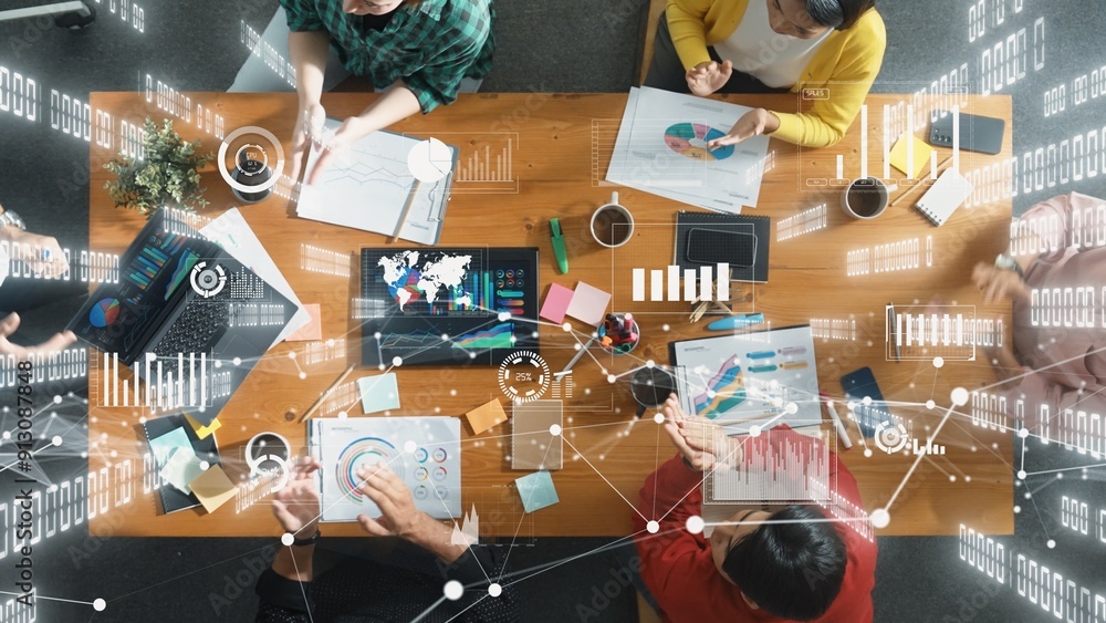 Poster top view of business people working and analyzing investment data with financial chart and stock mar