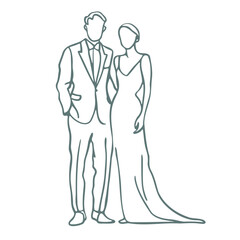 A man and woman in formal attire, likely a bride and groom, standing together