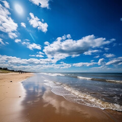 A tranquil beach scene with soft sand, crashing waves, and a vibrant blue sky.