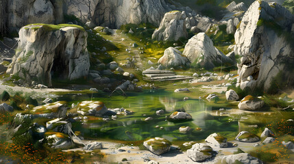 An abandoned quarry with scattered boulders and rainwater-filled craters on a hazy afternoon 