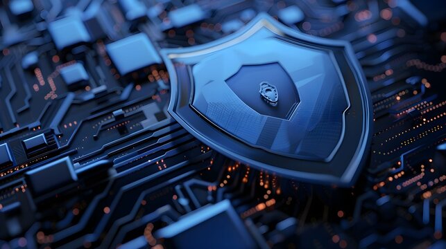 realistyczny 3D, tarcza, cyfrowe obwody, cyberbezpieczeństwo, ochrona danych, prywatność, hakerstwo, technologia, internet, bezpieczeństwo, sieć, firewall, szyfrowanie, komputer, bezpieczeństwo online