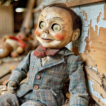 Eerie Ventriloquist Dummy in Dusty Attic - Spooky Vintage Puppet with Copy Space for Text in Abandoned Room
