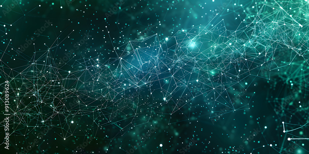 Poster abstract blue-green technology background with a cyber network grid and connected particles. artific