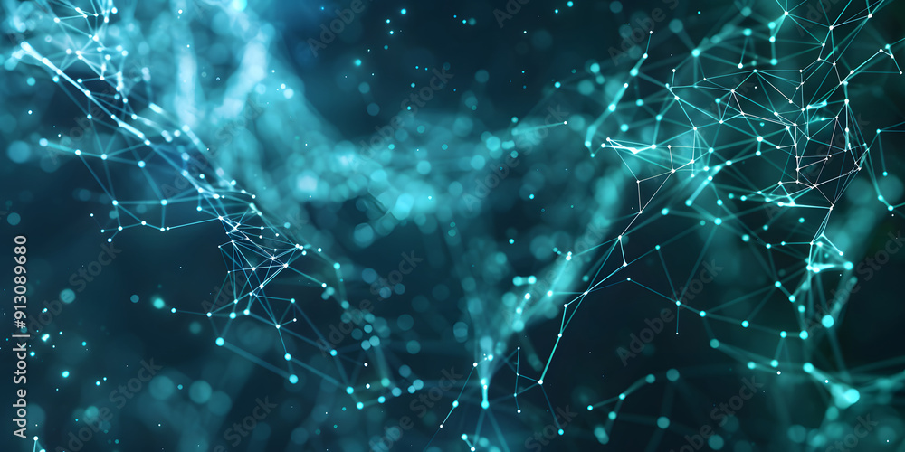 Poster abstract blue-green technology background with a cyber network grid and connected particles. artific