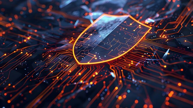 realistyczny 3D, tarcza, cyfrowe obwody, cyberbezpieczeństwo, ochrona danych, prywatność, hakerstwo, technologia, internet, bezpieczeństwo, sieć, firewall, szyfrowanie, komputer, bezpieczeństwo online